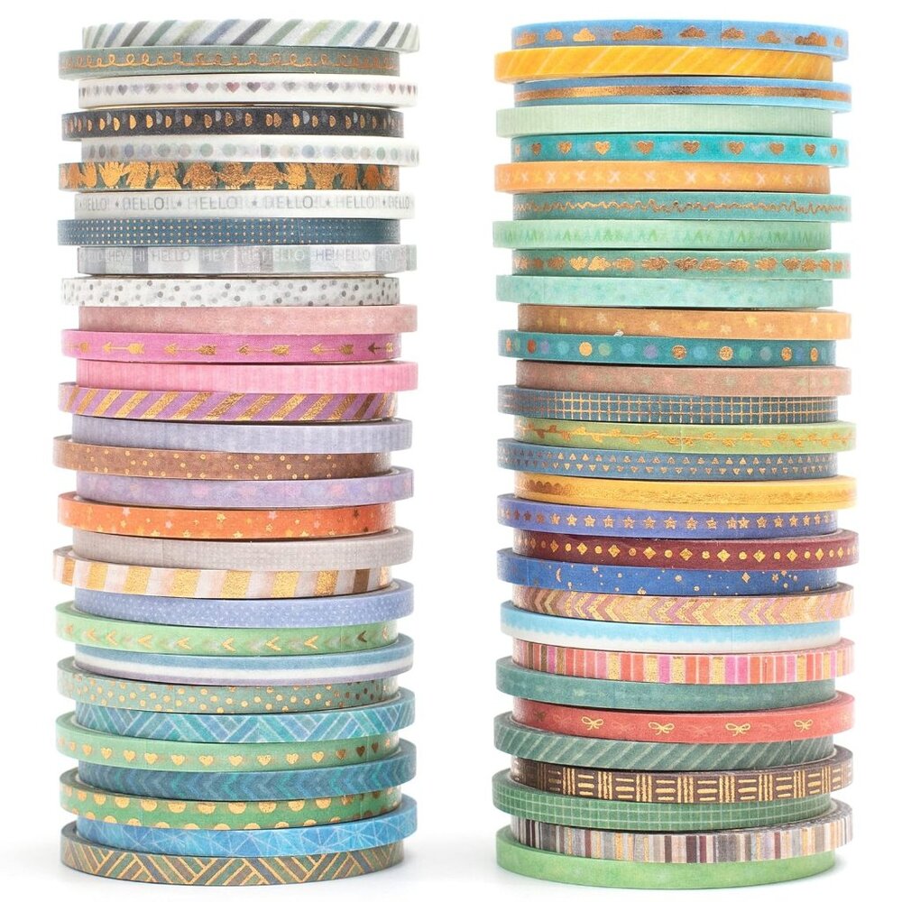 60 Rolls Skinny Washi Tape Set Gold Foil Masking Thin Basic Patterns Decorative